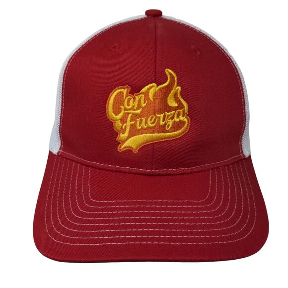 Con Fuerza Men's Snapback Mesh Back Hat Red White Embroidered Logo Adjustable - Picture 1 of 8